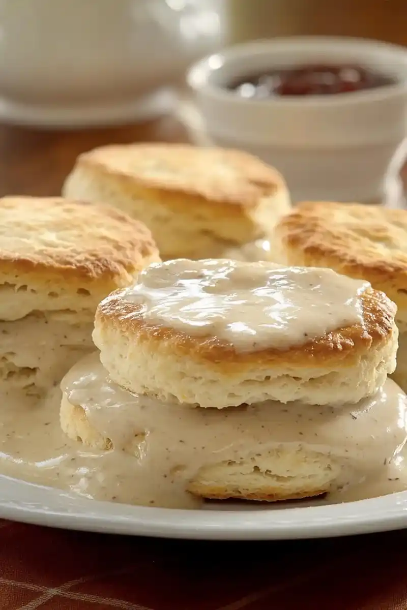  Biscuits and white gravy served with bacon and scrambled eggs