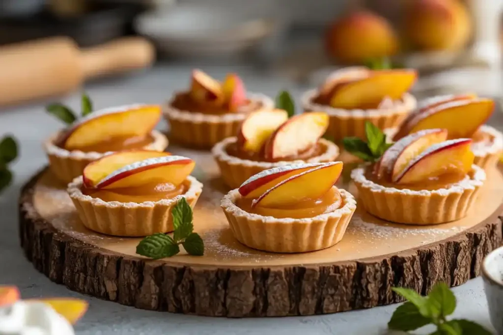 Mini peach tarts with puff pastry crust and fresh peach slices.