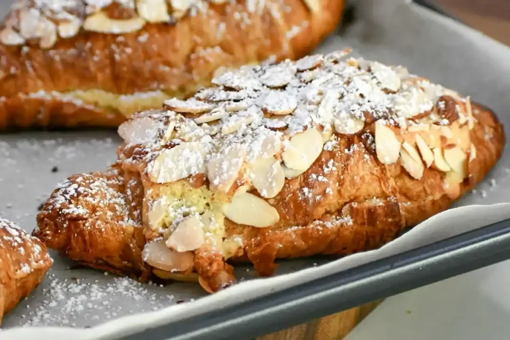 Almond croissants with puff pastry and sliced almonds