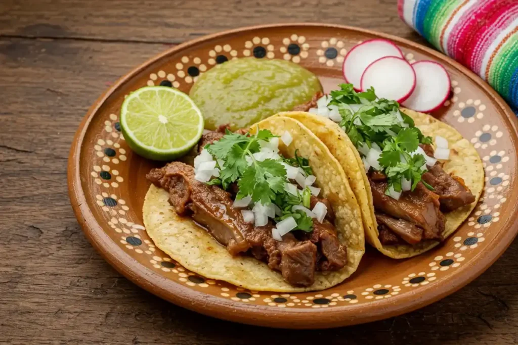 Plate of authentic tacos de lengua with salsa verde and fresh toppings