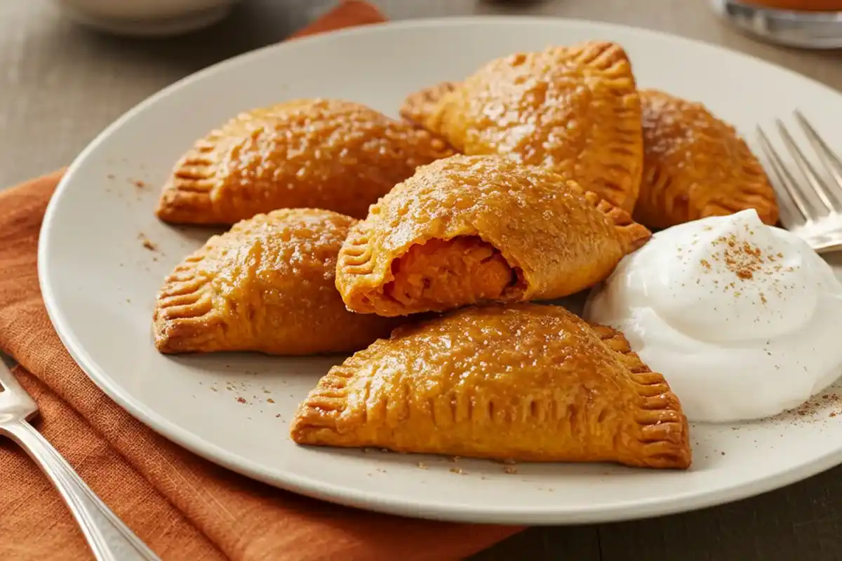 Freshly baked old-fashioned sweet potato turnovers on a wooden table