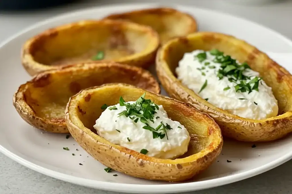 Crispy cottage cheese potato skins on a serving plate