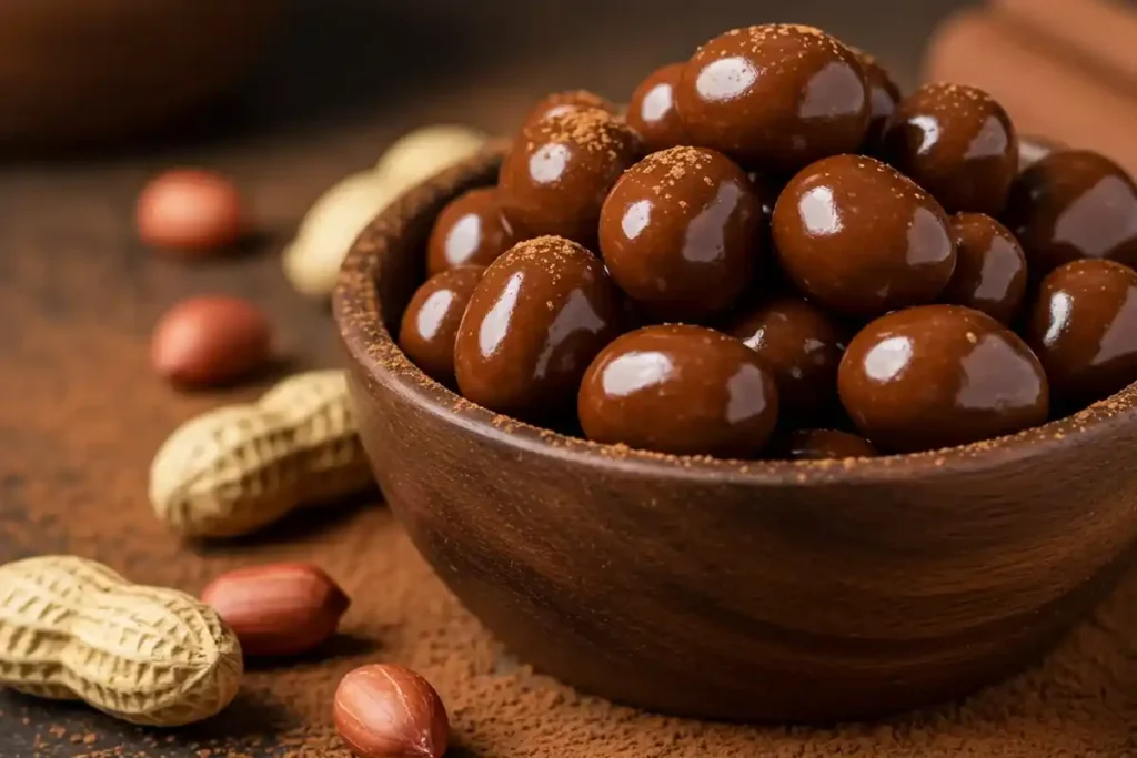 A bowl of glossy chocolate-covered peanuts on a rustic wooden table