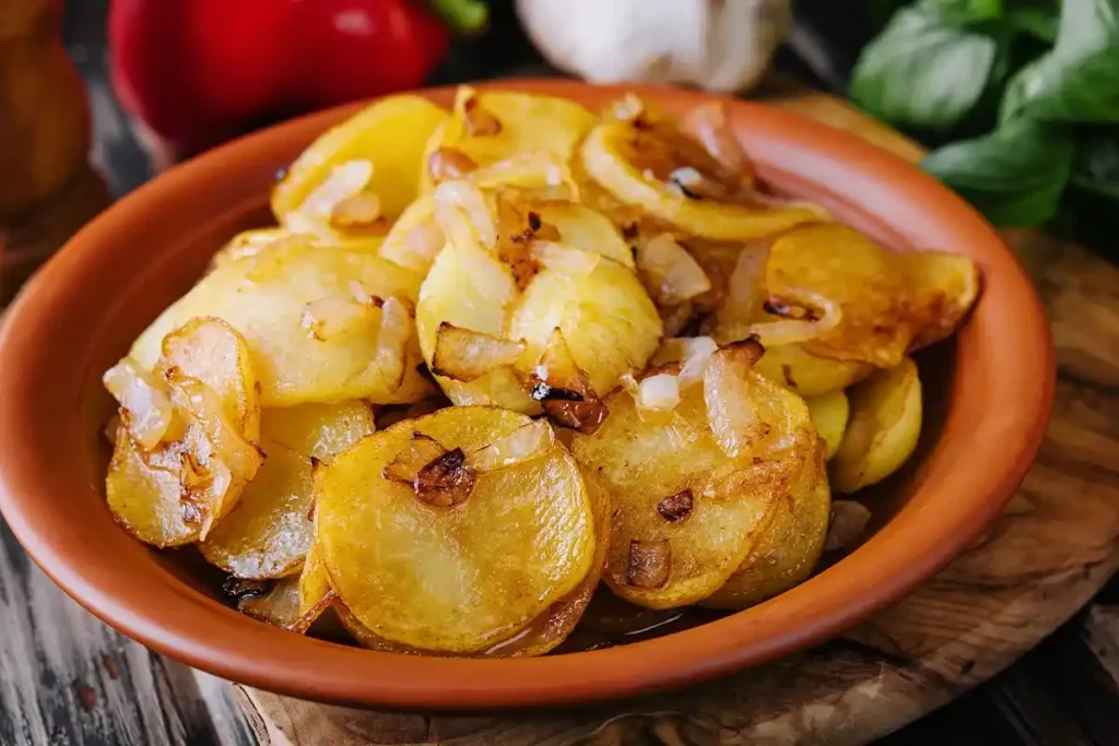 Smothered potatoes topped with melted cheese and fresh herbs.