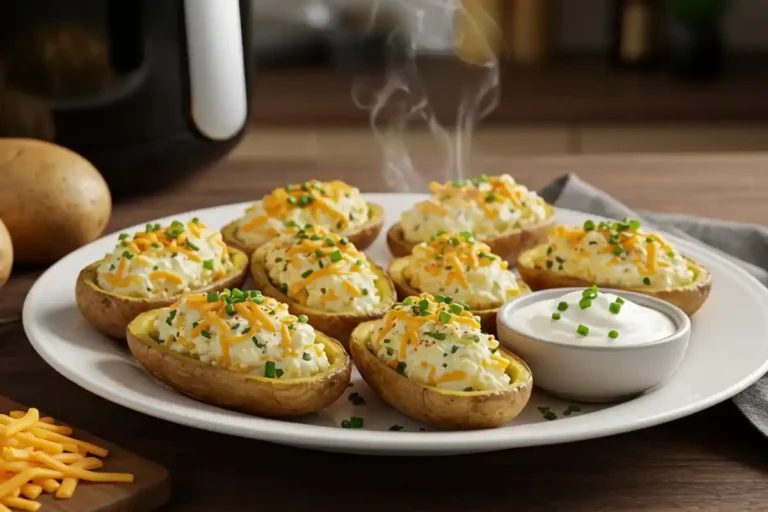 Crispy air fryer potato skins with cottage cheese topping