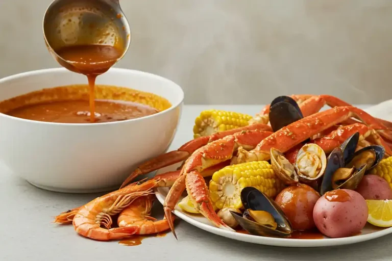 Overhead view of a vibrant seafood boil with bold Cajun spices