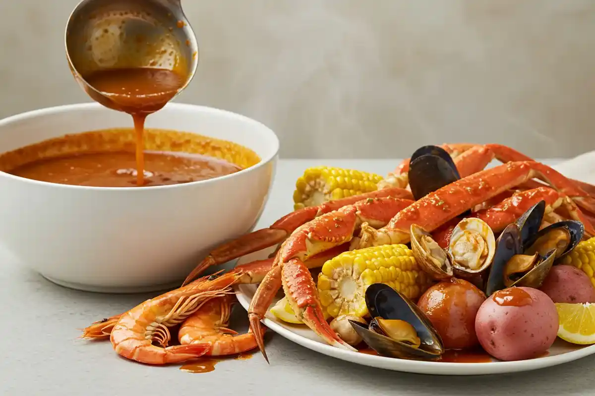 Overhead view of a vibrant seafood boil with bold Cajun spices