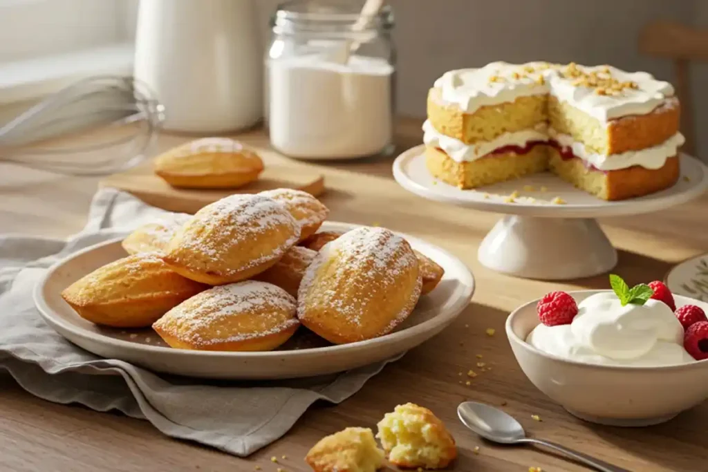 This image showcases the step-by-step process of layering Madeleine cookies with cream cake, bound together with fresh cream frosting for a harmonious blend of textures and flavors.