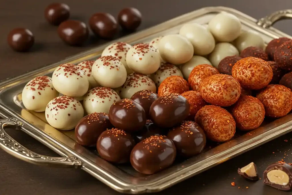 Different variations of chocolate-covered peanuts, including dark, white, and spicy versions.