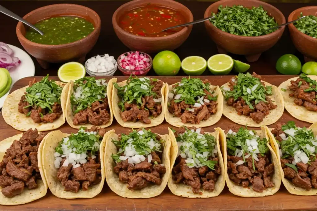 Street-style tacos de lengua with salsa and garnishes