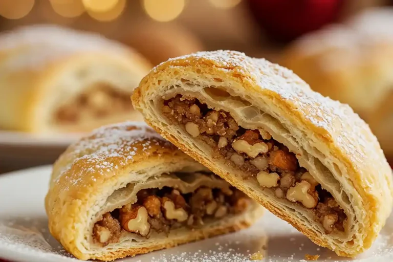 A plate of golden-brown Italian nut roll cookies with flaky layers and nutty filling