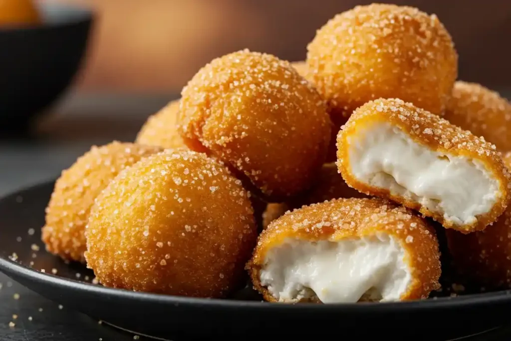 Golden deep-fried marshmallows with powdered