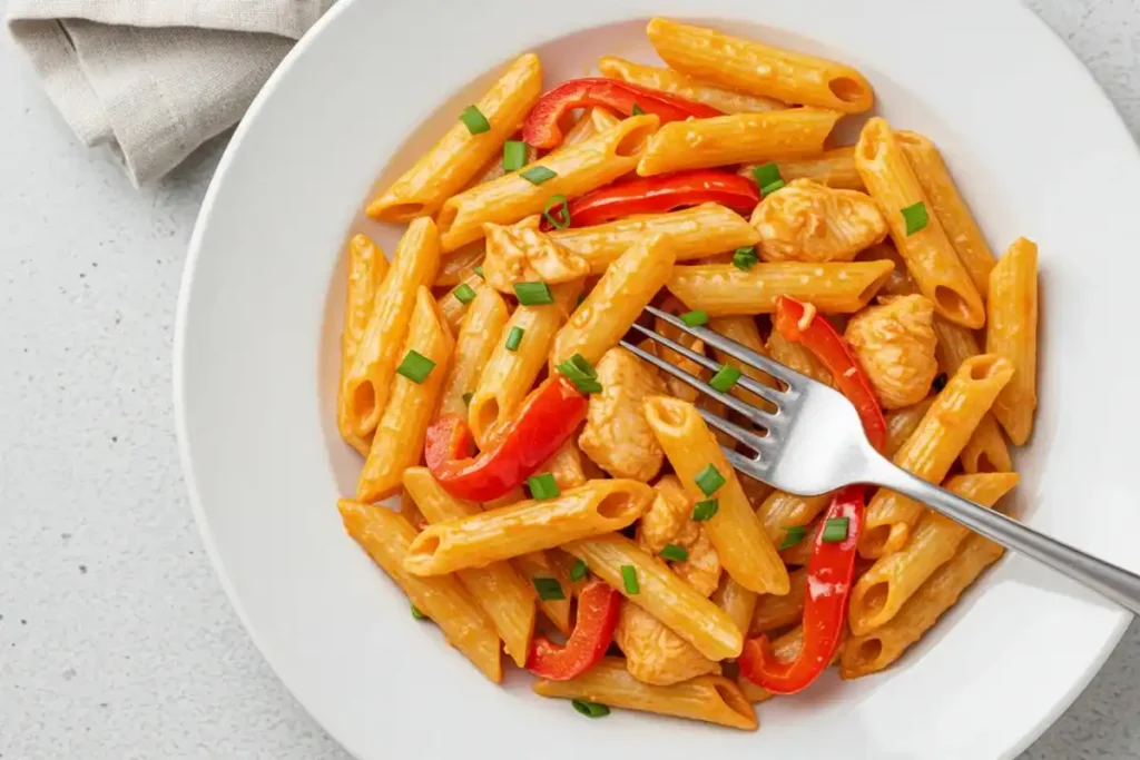 Rasta pasta with creamy sauce, jerk chicken, and colorful bell peppers