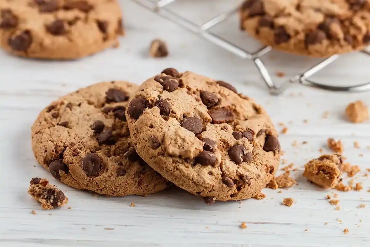 A stack of freshly baked chocolate chip cookies with melted chocolate chunks.