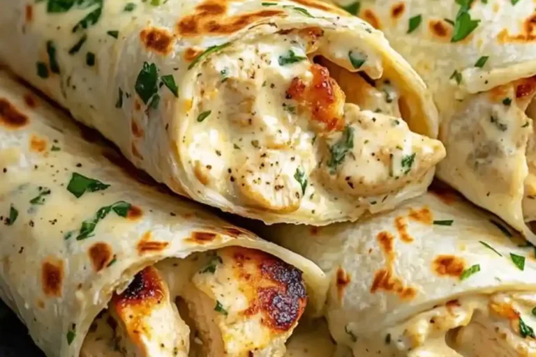 Cheesy garlic chicken wraps on a rustic wooden table