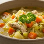Hearty Chicken Cabbage Soup served in a bowl with fresh vegetables