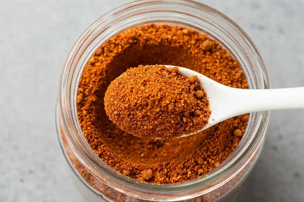 Homemade chili seasoning recipe in jar with chili powder, cumin, and smoked paprika spices, measuring spoons, and dried chilies on wooden background