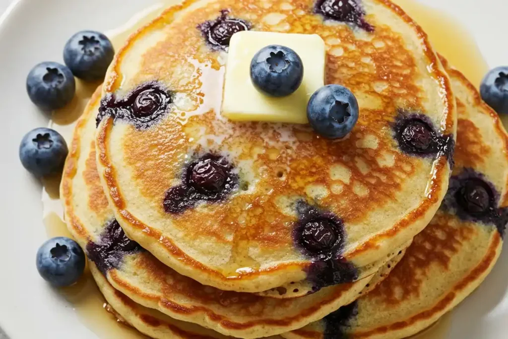 Three blueberry pancakes on a white plate, topped with melting butter and a drizzle of syrup, with scattered blueberries