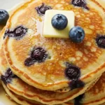 Three blueberry pancakes on a white plate, topped with melting butter and a drizzle of syrup, with scattered blueberries