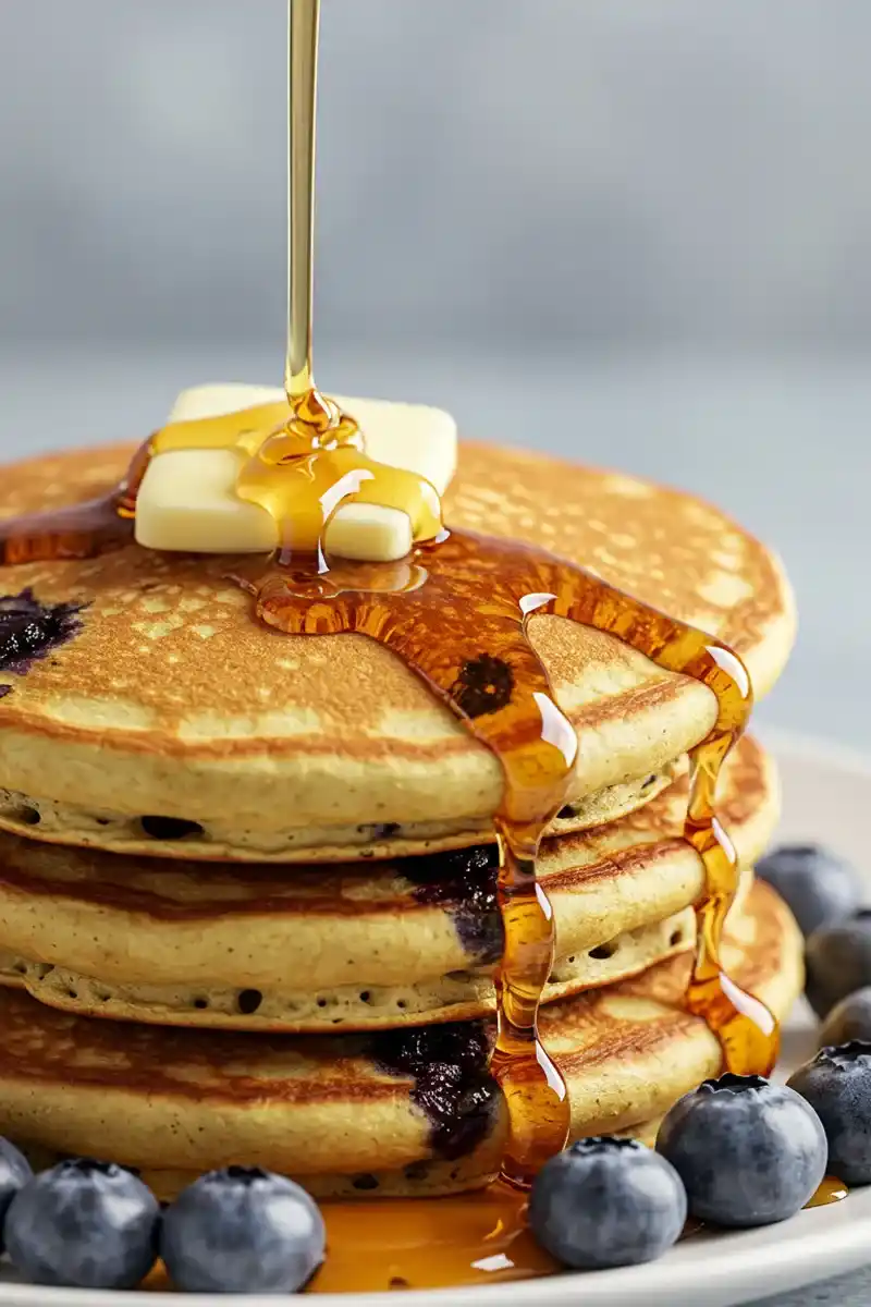 Blueberry Pancakes (2) Three blueberry pancakes with melting butter and syrup on a white plate, with scattered blueberries.