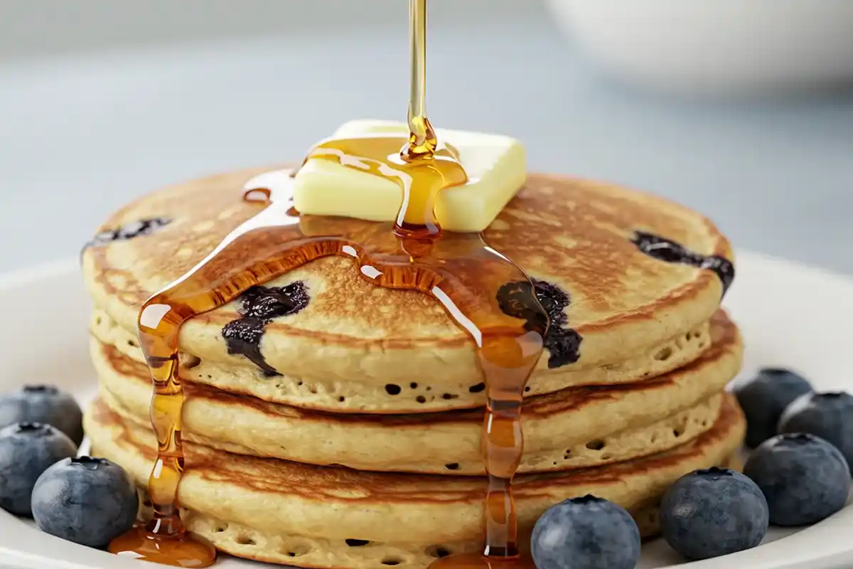 Pouring Syrup on Blueberry Pancakes Syrup pouring onto blueberry pancakes with melting butter on a white plate.