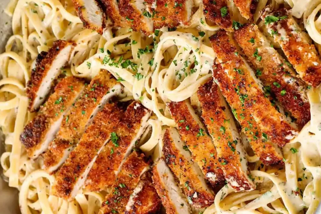 Overhead shot of crispy breaded chicken with fettuccine Alfredo