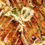 Overhead shot of crispy breaded chicken with fettuccine Alfredo