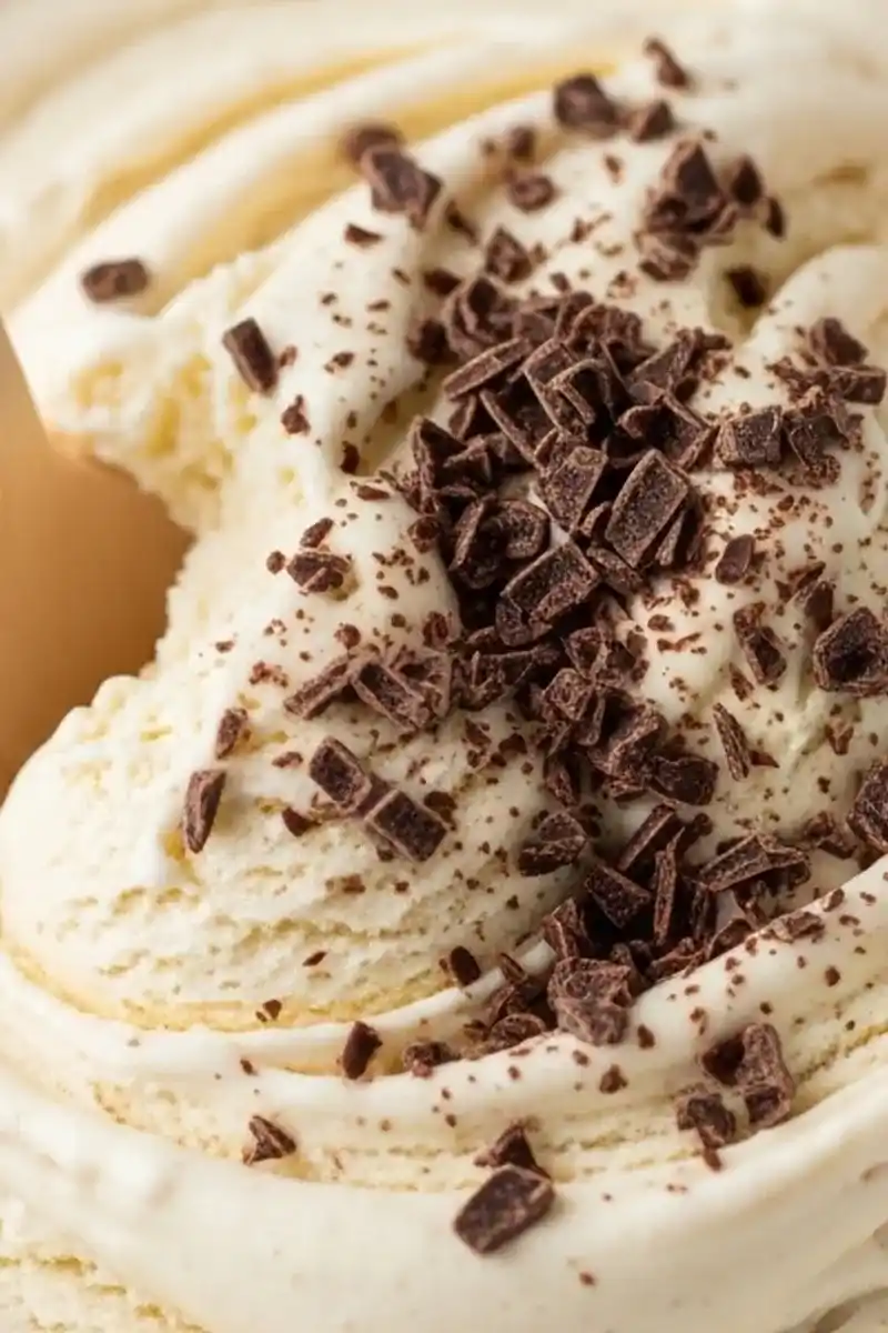 Creamy Vanilla Ice Cream with Chocolate Shavings Close-up of creamy vanilla ice cream with dark chocolate shavings in a white bowl.