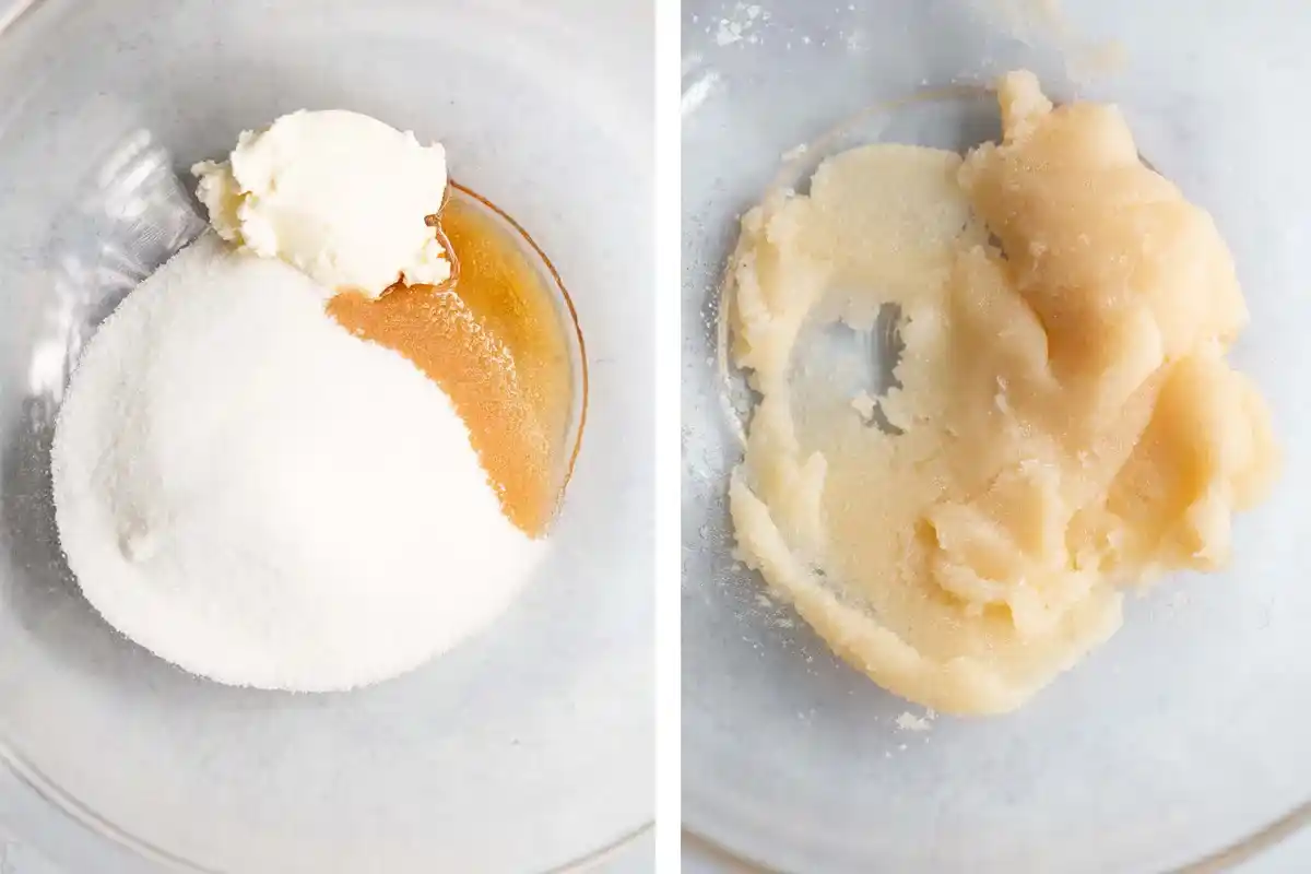 Cream Cheese Base Mixing Steps two images showing unmixed cream cheese, sugar, and vanilla on the left, and the mixed pasty texture on the right