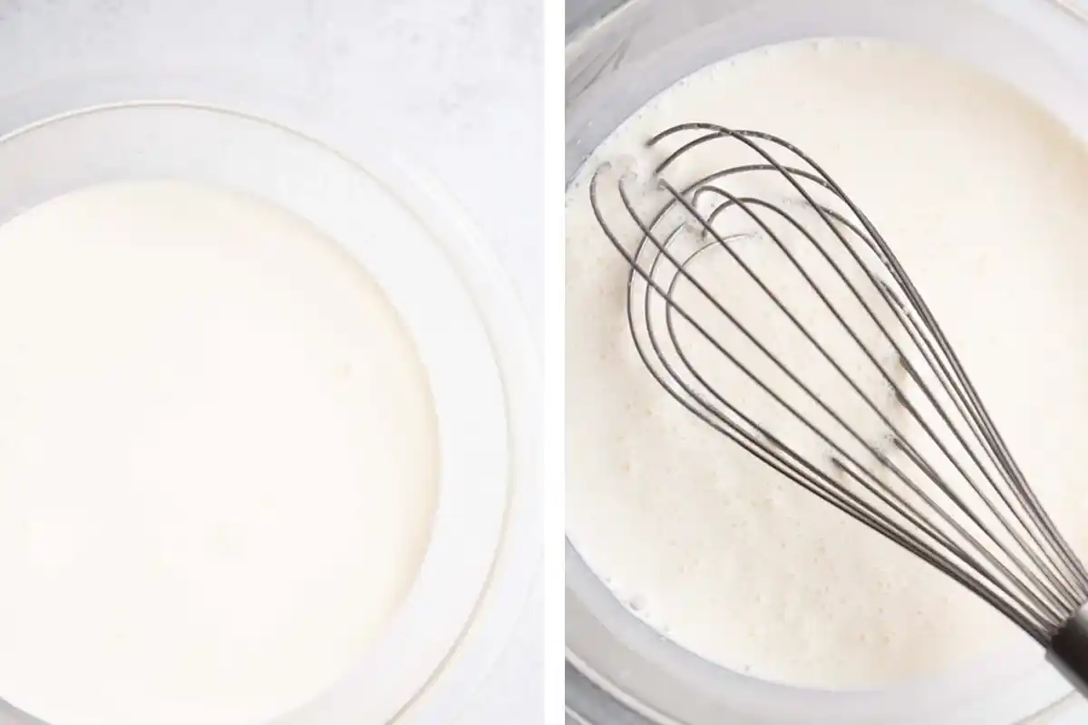 dding Liquids to Ice Cream Base Two bowls showing creamy mixture on left and whisked milk and cream on right