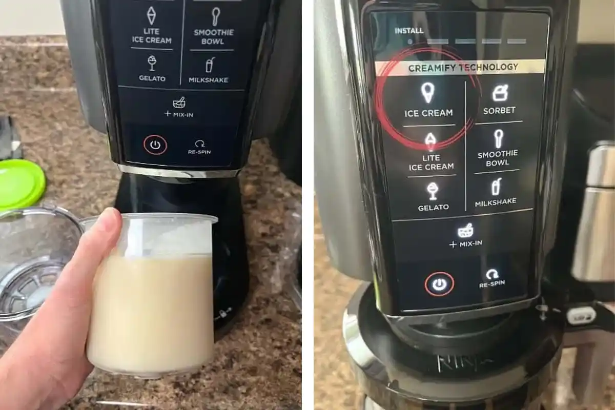 e: Ninja Creami Machine Operation Steps Left shows a hand holding a Ninja Creami pint filled with liquid base, right shows the Ninja Creami control panel selecting 'Ice Cream' function.