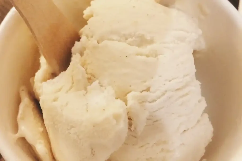 Creamy vanilla ice cream in a white bowl with one wooden spoon