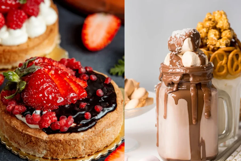 On the left, a round tart with a golden crust topped with sliced strawberries, small red berries, and a layer of dark chocolate ganache. On the right, a chocolate milkshake in a glass jar, overflowing with chocolate sauce, marshmallows, and popcorn on top.
