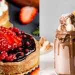 On the left, a round tart with a golden crust topped with sliced strawberries, small red berries, and a layer of dark chocolate ganache. On the right, a chocolate milkshake in a glass jar, overflowing with chocolate sauce, marshmallows, and popcorn on top.